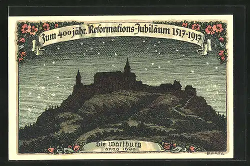 Künstler-AK Kallista: Wartburg unter dem Sternenhimmel, Martin Luther, Reformationsjubiläum 1917