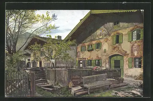 AK Mittenwald, Partie im Gries mit bemaltem Haus