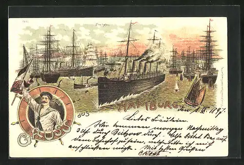 Lithographie Hamburg, Segelschiffe im Hafen, Matrose mit Flagge