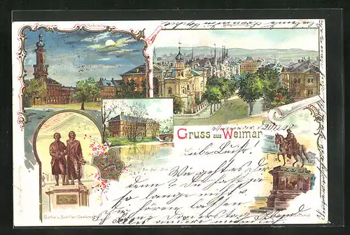 Lithographie Weimar, Schloss in der Nacht, Göthe-u. Schiller-Denkmal, Panorama