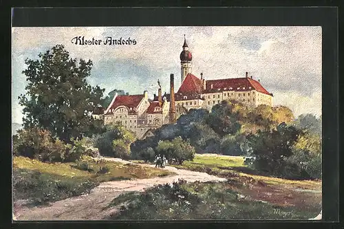 Künstler-AK Andechs, Blick vom Feldweg zum Kloster