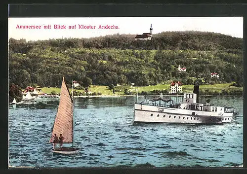 AK Andechs, Schiffe auf dem Ammersee mit Blick zum Kloster