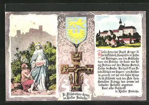 AK Andechs, das Kloster, das St. Elisabethenkreuz, Wappen, mildtätige Gabe