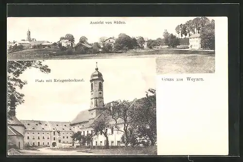 AK Weyarn, Ansicht von Süden, Platz mit Kriegerdenkmal