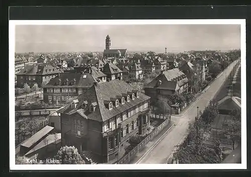 AK Kehl am Rhein, Blick über die gesamte Stadt zur Kirche im Zentrum