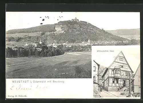 AK Neustadt i. Odenwald, Ortsansicht mit dem Breuberg, am Altdeutschen Haus