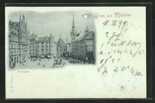 Mondschein-AK München, Marienplatz aus der Vogelschau