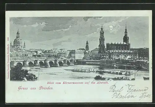 Mondschein-AK Dresden, Blick vom Körnermuseum auf die Altstadt