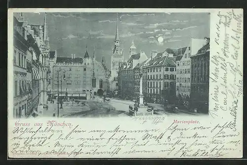 Mondschein-AK München, Marienplatz in der Nacht