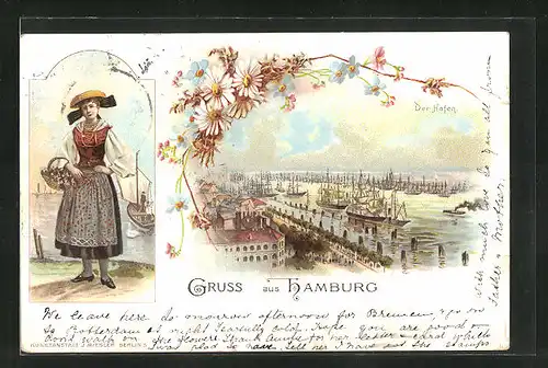 Lithographie Hamburg, Hafen mit Schiffe, Frau in Tracht