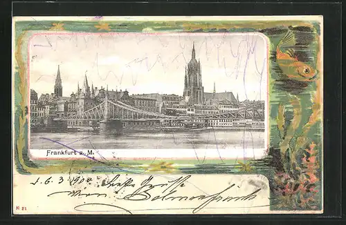 AK Alt-Frankfurt, Main mit Brücke und Ortsansicht