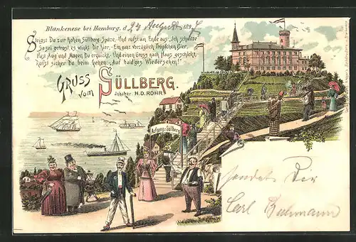 Lithographie Hamburg-Blankenese, Gasthaus Süllberg mit Schiffe