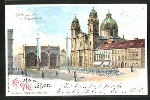 Lithographie München, Theatinerkirche mit Feldherrnhalle, Private Stadtpost