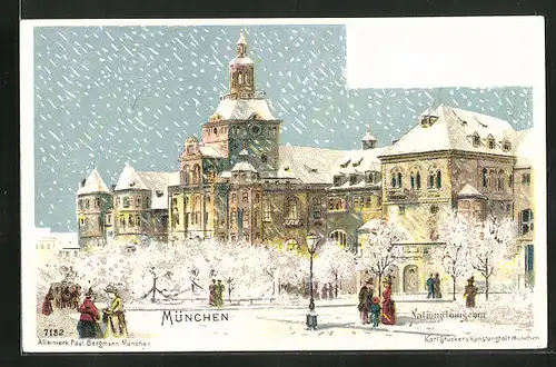 Winter-Lithographie München, Nationalmuseum im Winter