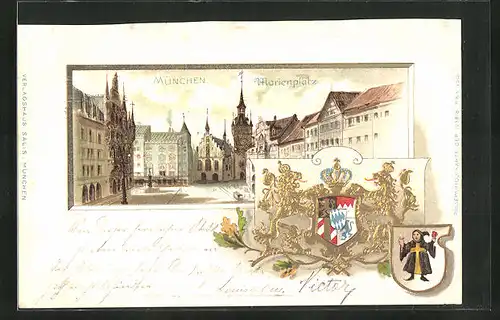 Passepartout-Lithographie München, Marienplatz mit Kirche, Wappen, Münchner Kindl