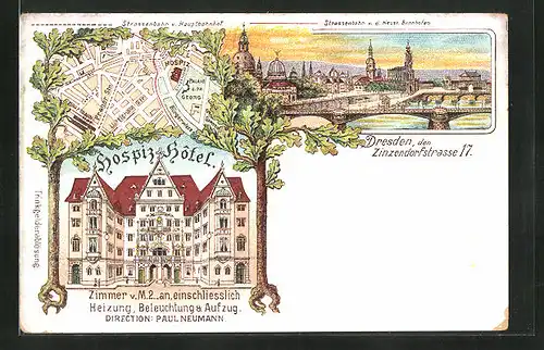 Lithographie Dresden, Hotel Hospiz, Strassenbahn v. d. neust. Bahnhöfen