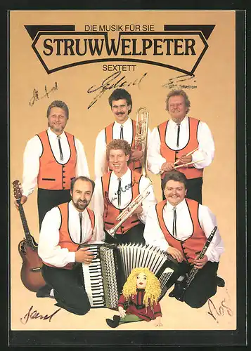 AK Musikgruppe Struwwelpeter Sextett mit Musikinstrumenten, Autograph