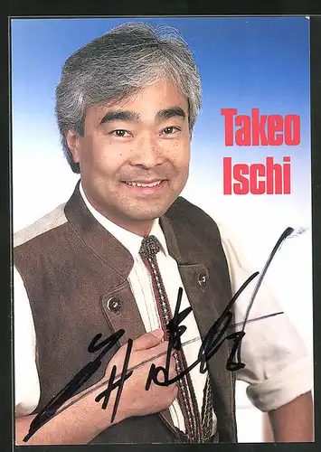 AK Musiker Takeo Ischi in Lederweste, Autograph