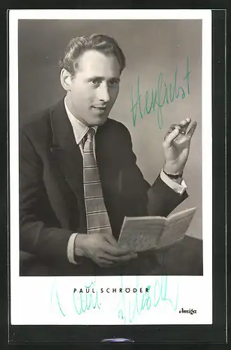 AK Musiker Paul Schröder mit Krawatte im Jackett, Autograph
