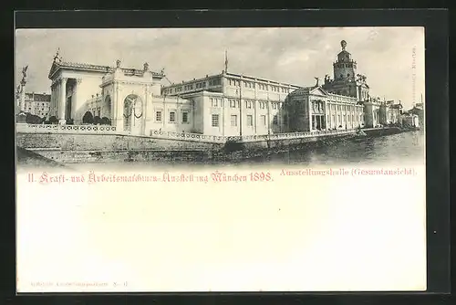 AK München, II. Kraft- und Arbeitsmaschinen-Ausstellung 1898, Halle, Ganzsache Bayern