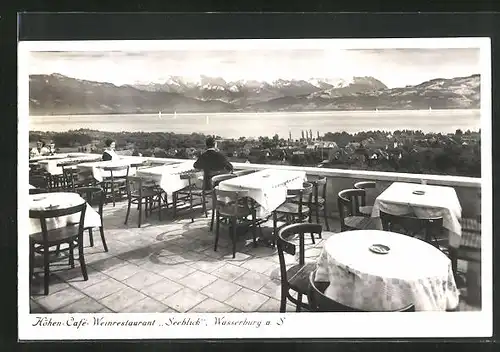 AK Wasserburg, Terrasse des Höhen-Cafe Seeblick, Bodensee- und Gebirgsblick
