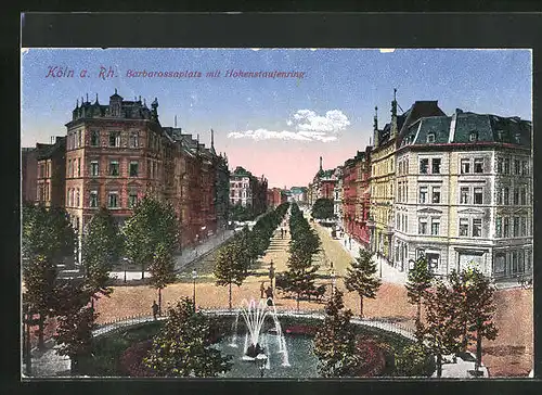 AK Köln am Rhein, Wasserspiel auf dem Barbarossaplatz mit Hohenstaufenring