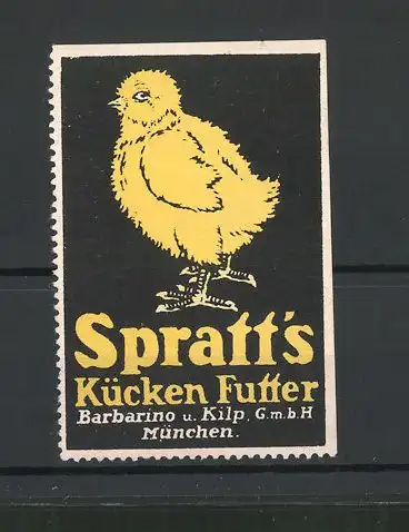 Reklamemarke Spratt's Kükenfutter, Barbarino u. Kilp GmbH, München, Ansicht eines Kükens