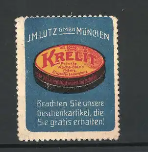 Reklamemarke Krelit feinste Wachs-Glanz-Creme & eleganter Lederglanz, J. M. Lutz GmbH, München, Ansicht einer Dose