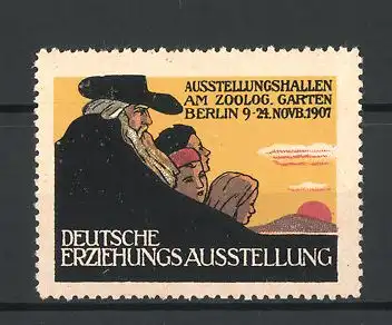 Reklamemarke Berlin, Deutsche Erziehungsausstellung 1907, Vater blickt mit Kindern auf den Sonnenuntergang