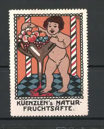 Künstler-Reklamemarke Küenzlen's Natur-Fruchtsäfte, nackter Bube an einer Obstschale stehend