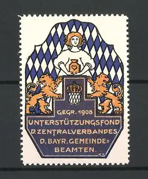 Künstler-Reklamemarke Unterstützungfonds d. Zentralverbandes d. Bayr. Gemeindebeamten, gegr. 1908, Wappen