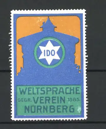 Reklamemarke Weltspracheverein IDO Nürnberg, gegr. 1885, Turmsilhouette