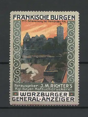 Reklamemarke Serie: Fränkische Burgen, Bild 5, Scherenburg bei Gemünden / Main, Hofbuchdruckerei J. M. Richter