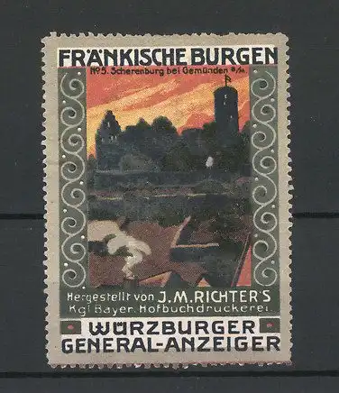 Reklamemarke Serie: Fränkische Burgen, Bild 5, Scherenburg bei Gemünden / Main, Hofbuchdruckerei J. M. Richter
