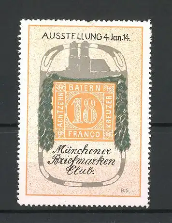 Künstler-Reklamemarke München, Ausstellung des Münchener Briefmarken-Clubs 1914, Frauenkirche und Blättergirlande