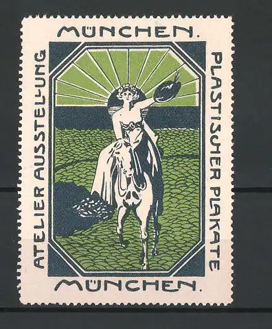 Reklamemarke München, Atelier Ausstellung Plastischer Plakate, Frau reitet mit Farbpalette in der Hand auf einem Pferd
