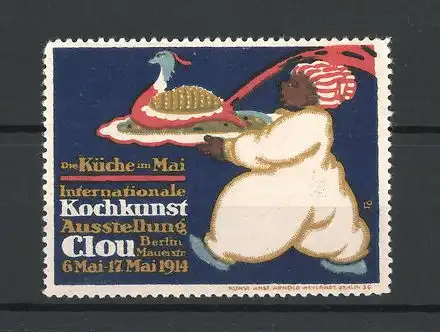 Künstler-Reklamemarke Berlin, Internationale Kochkunst-Ausstellung 1914, Koch mit Turbahn und Vogel auf dem Tablett