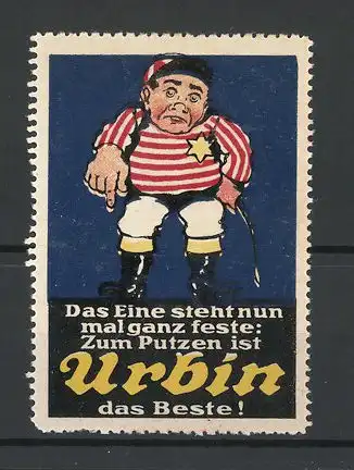 Reklamemarke Urbin bestes Schuhputzmittel, Jockey zeigt seine glänzenden Reitstiefel