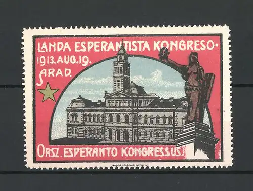 Reklamemarke Arad, Landa Esperantista Kongreso 1913, Rathaus und Denkmal