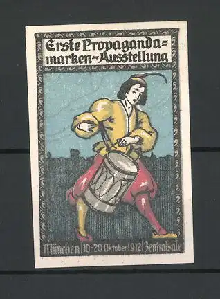 Reklamemarke München, Erste Propagandamarken-Ausstellung 1912, mittelalterlicher Mann spielt auf einer Trommel