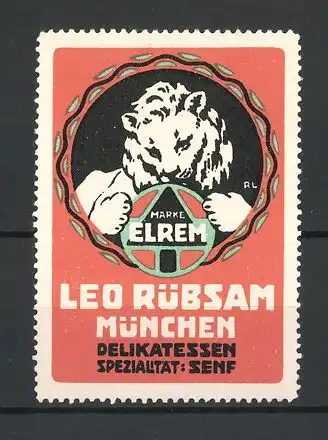 Reklamemarke Elrem Delikatessen-Senf von Leo Rübsam, München, Firmenlogo Löwe