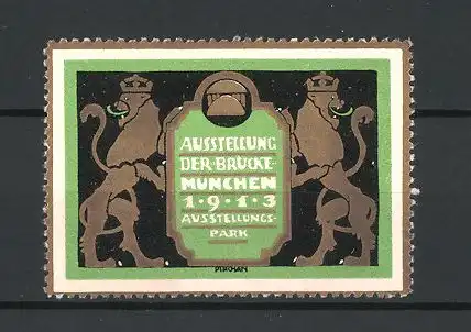 Künstler-Reklamemarke Emil Pirchan, Ausstellung Die Brücke 1913, zwei Löwen halten ein Wappen