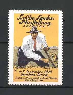 Reklamemarke Dresden-Reick, Landw. Landes-Ausstellung 1925, Bauer mit Sense auf dem Feld