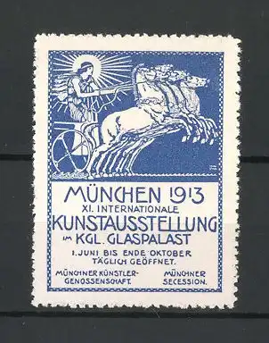 Künstler-Reklamemarke München, XI. Internationale Kunstausstellung 1913, Göttin Eos im Pferdewagen