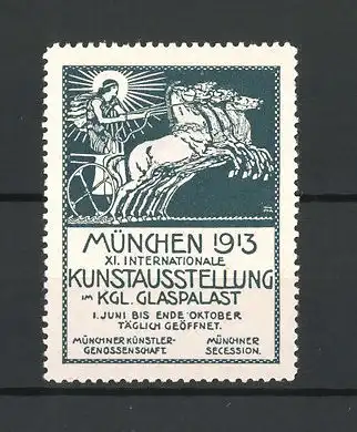 Künstler-Reklamemarke München, XI. Internationale Kunstausstellung 1913, Göttin Eos im Pferdewagen