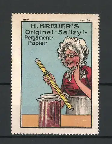 Reklamemarke H. Breuer's Original Salizyl-Pergament-Papier, betagte Hausfrau mit Papierrolle, Bilderserie: Bild 9 von 10
