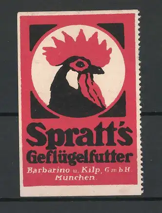 Reklamemarke Spratt's Geflügelfutter, Barbarino und Kilp GmbH, München, stolzer Hahn im Portrait