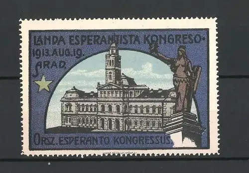 Reklamemarke Arad, Landa Esperantista Kongreso 1913, Orsz. Esperanto Kongressus, Schloss und Standbild
