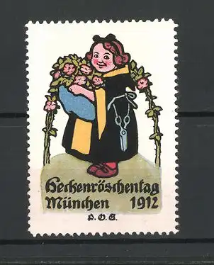 Künstler-Reklamemarke München, Heckenröschentag 1912, Münchner Kindl mit Heckenröschen