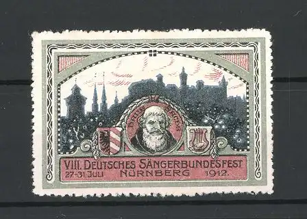 Reklamemarke Nürnberg, VIII. Deutsches Sängerbundesfest 1912, Stadtsilhouette und Hans Sachs Portrait